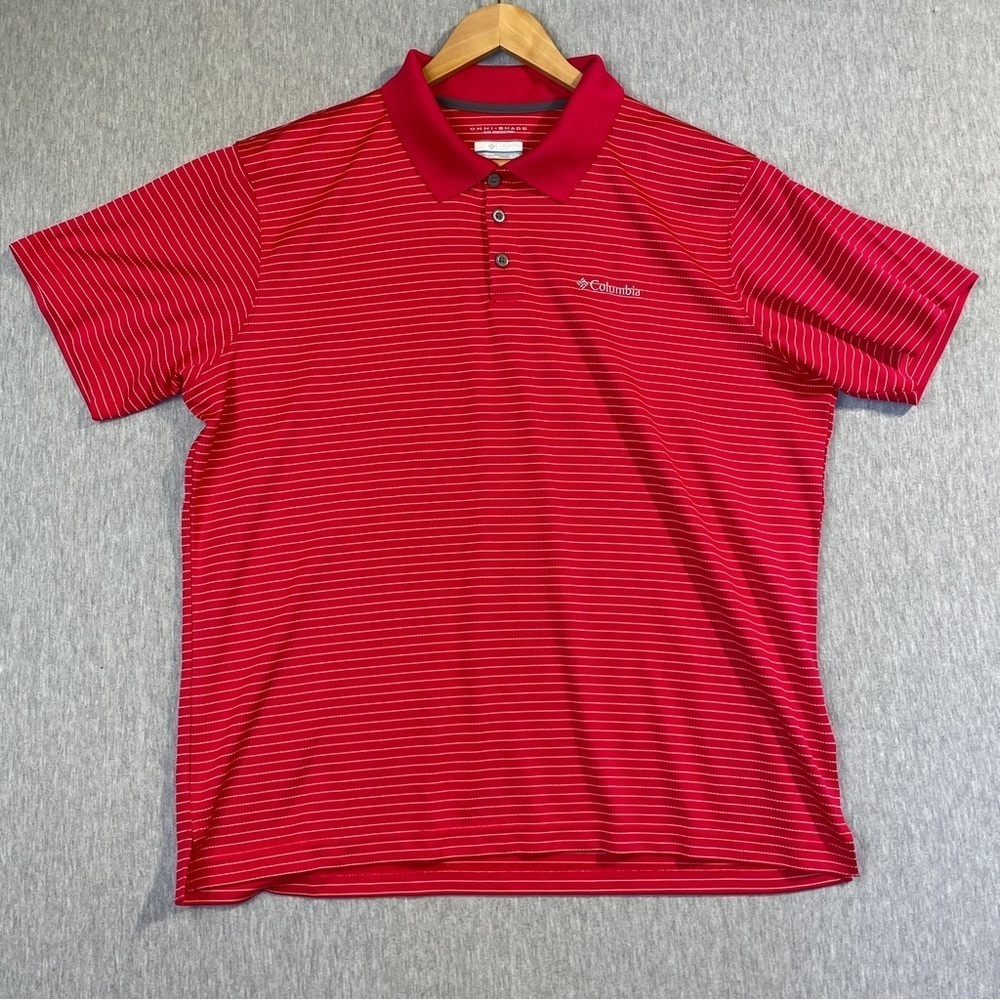 Columbia Golf Polo Shirt Men’s Size XL Red Striped Omni-Shade Gold 1/4 Button